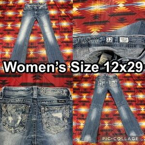 Miss Me Bedazzled Boot Cut Blue Distressed Jeans Women’s Size 12x29 KE8515B